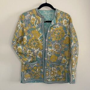 Floral Quilted Jacket Reversible Yellow Blue Cotton Made in India Medium